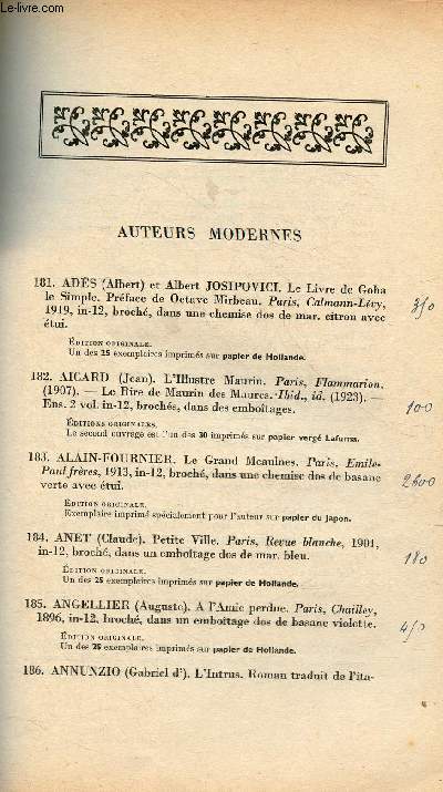 CATALOGUE DE VENTE AUX ENCHERES - DATE, LIEU, PROVENANCE INCONNUES : AUTEURS MODERNES - LIVRES ILLUSTRES