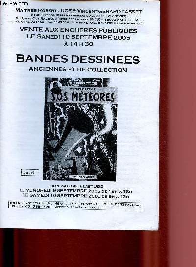 CATALOGUE DE VENTE AUX ENCHERES - 10 SEPTEMBRE 2005 RUE GUY RAGNAUD - ANGOULEME : BANDES DESSINEES ANCIENNES ET DE COLLECTION