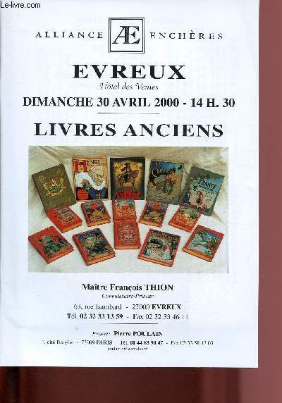 CATALOGUE DE VENTE AUX ENCHERES - 30 AVRIL 2000 - HOTEL DES VENTES - EVREUX : LIVRES ANCIENS