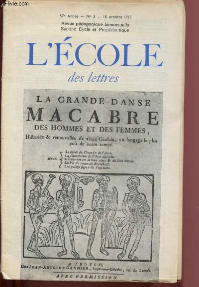 N3 - 57e ANNEE - 16 OCTOBRE 19654 - L'ECOLE DES LETTRES : Le thme de la mort : la mort de Perken - Le pote et son 