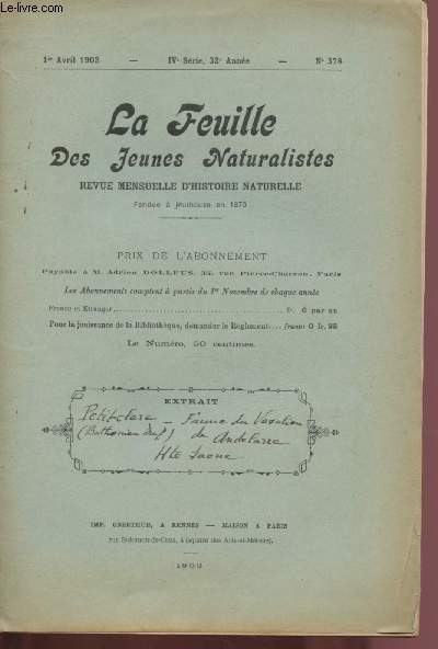 1ER AVRIL 1902 - N378 - IVe SERIE - 32e ANNEE - LA FEUILLE DES JEUNES NATURALISTES : Faunule du vsulien (Batholien infrieur) -Plcypodes - Brachiopodes,ets.