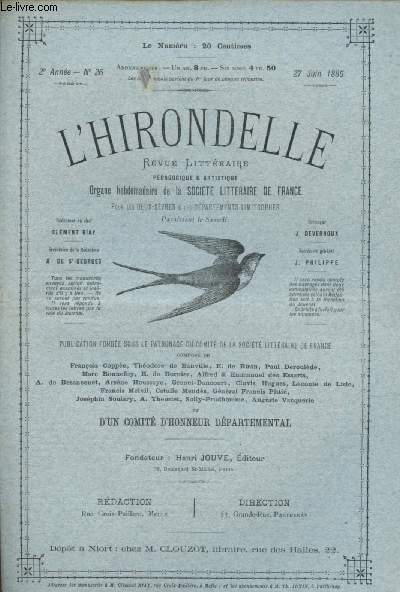 N26 - 2e ANNNE - 27 JUIN 1885 - L'HIRONDELLE : A un ouvrier pote, par Clment Biay - Les valseurs, par Albert Bureau - La statue de Branger, par L.-J. Bor,etc.