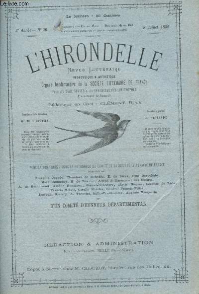N29 - 2e ANNEE - 18 JUILLET 1885 - L'HIRONDELLE : Les hommes de la rgion, par Aurlien Scholl - Une relique en Alsace, par Louis Oppepin - Souvenir de Noirmetiers, par Hneri Brunet,etc.