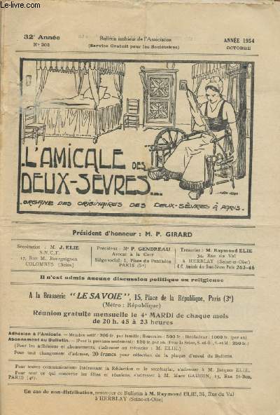 N202 - 32e ANNEE - OCTOBRE 1954 - L'AMICALE DES DEUX-SEVRES : Nos derniers Mardis du mois - Les tanneurs de Saint-Paul  Parthenay - Une bonne nouvelle - etc.