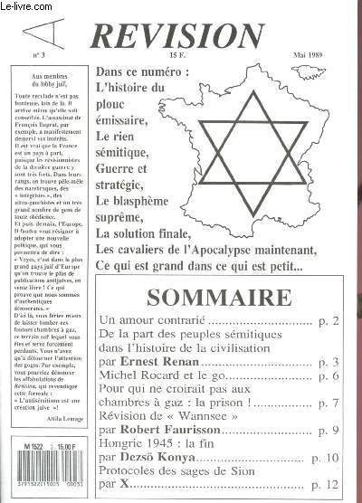 N3 - MAI 1989 - REVISION :De la part des peuples smitiques dans l'histoire de la civilisation, par Ernest Renan - Pour qui ne croirait pas au chambres  gaz : la prison ! - Hongrie 1945 : la 