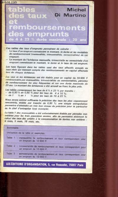 TABLE DES TAUX ET REMBOURSEMENTS DES EMPRUNTS - DE 4 A 23% DUREE MAXIMALE 20 ANS