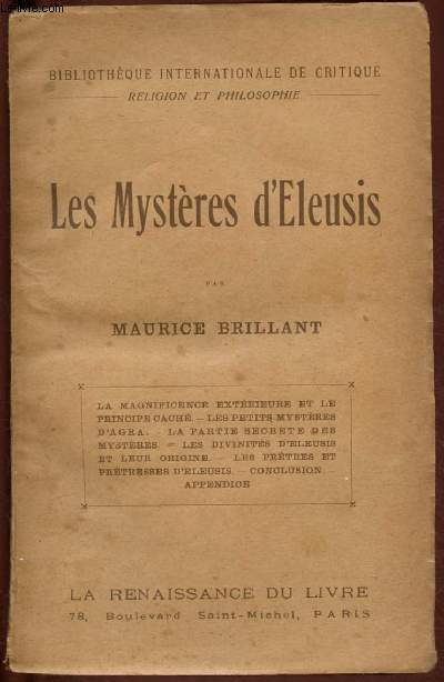 LES MYSTERES D'ELEUSIS / BIBLIOTHEQUE INTERNATIONALE DE CRITIQUE - RELIGION ET PHILOSOPHIE