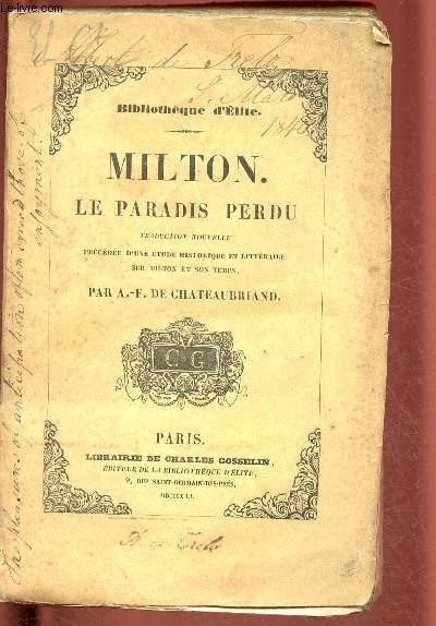 LE PARADIS PERDU prcds d'une tude historique et littraire sur Milton et son temps