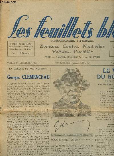 N12 - SAMEDI 14 DECEMBRE 1929 - LES FEUILETS BLEUS : Georges Clemenceau - Le voile du bonheur, par G. Clemenceau - Femme, par Jos Germain,etc.
