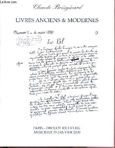 CATALOGUE DE VENTES AUX ENCHERES - 19 JANVIER 2000 - DROUOT RICHELIEU - PARIS : Livres anciens & modernes