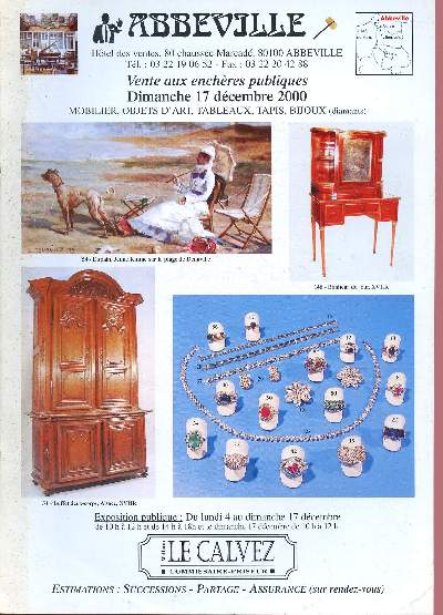 CATALOGUE DE VENTES AUX ENCHERES - 17 DECEMBRE 2000 - HOTEL DES VENTES - ABBEVILLE : Mobilier, objets d'art, tableaux, tapis, bijoux (diamants)