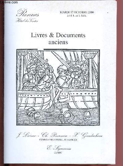 CATALOGUE DE VENTES AUX ENCHERES - 17 OCTOBRE 2000 - HOTEL DES VENTES - RENNES: Livres & documents anciens : sur la chasse, sur la Bretagne, Beaux-Arts et miscellanes.