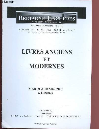 CATALOGUE DE VENTES AUX ENCHERES - 20 MARS 2001 - LIVRES ANCIENS ET MODERNES