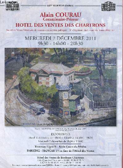 CATALOGUE DE VENTE AUX ENCHERES - 7 DECEMBRE 2011- HOTEL DES VENTES DES CHARTRONS - BORDEAUX : bijoux, argenterie, meubles et objets d'art, tableaux anciens et modernes