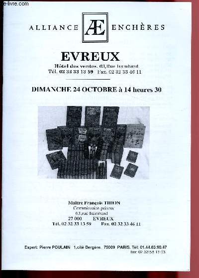 CATALOGUE DE VENTES AUX ENCHERES - 24 OCTOBRE - HOTEL DES VENTES - EVREUX : Littrture - sciences - anciens - chasse-pche - voyages - Jules Verne - histoire
