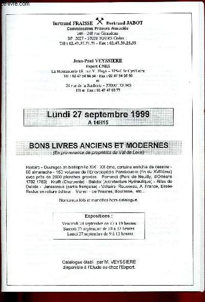 CATALOGUE DE VENTES AUX ENCHERES - 27 SEPTEMBRE 1999 - TOURS : Bons livres anciens et modernes : histoire - Encyclopdie Penckoucke - Krefft - Atlas de Delisle - Janssonius -etc.