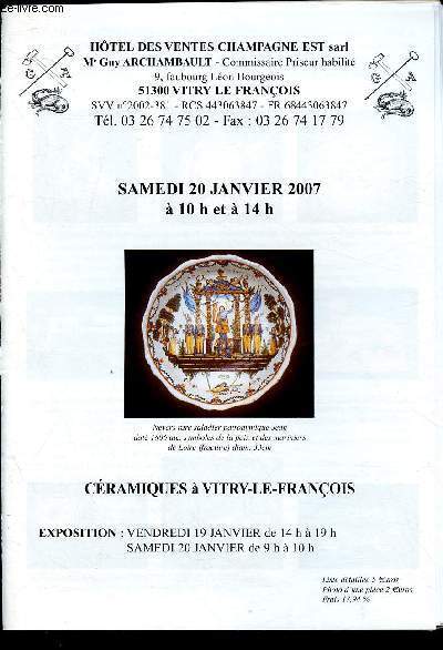 Catalogue de vente aux enchres - 20 janvier - Htel des ventes Champagne Est Sarl - Vitry le Franois : Cramiques