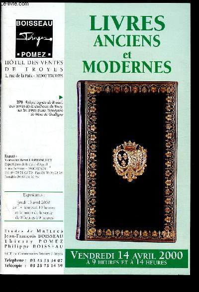 Catalogue de vente aux enchres - 14 avril 2000 - Htel des ventes de Troyes : livres anciens et modernes : hraldique - histoire naturelle - mdecine - atlas et voyages - rgionalisme