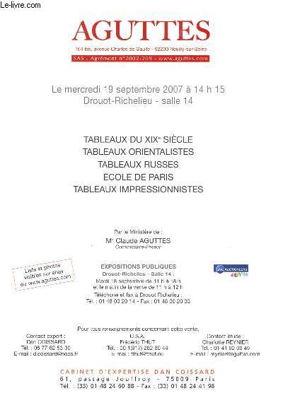 Catalogue de vente aux enchres : 19 septembre 2007 - Drouot Richelieu - Paris : Tableaux du XIXe, tableaux orientalistes, russes, 2cole de Paris, Tableaux impressionnistes