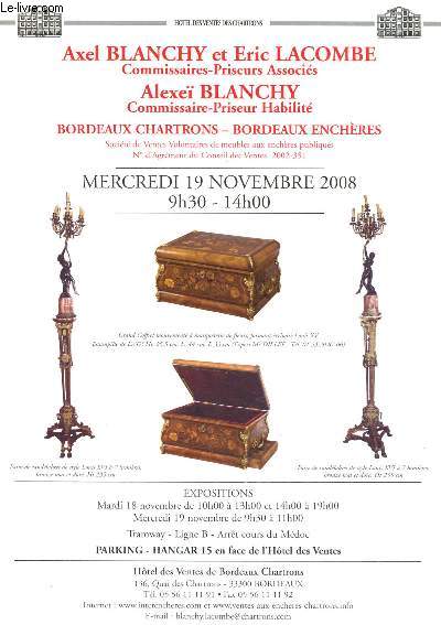 Catalogue de vente aux enchres : 19 novembre 2008  - Htel des ventes de Bordeaux Chartrons : bijoux or, meubles et objets d'art XVII, XVIIIe et XIXe, tableaux XVIIe et XVIIIe