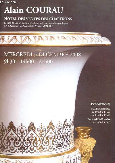 Catalogue de vente aux enchres : 3 dcembre 2008 - Htel des ventes de Bordeaux Chartrons : argenterie, bijoux, meubles et objets d'art XVIIIe, XIXe et XXe, tableaux anciens, XIXe et modernes