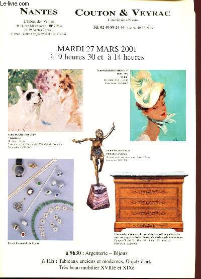 Catalogue de vente aux enchres : 27 Mars 2001 - Htel de sventes - Nantes : argenterie, bijoux, tableaux anciens et modernes, objets d'art, trs beau mobilier XVIIIe et XIXe