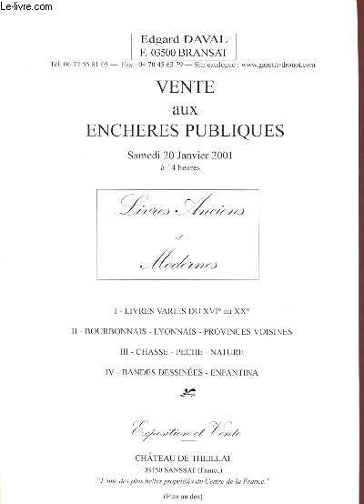 Catalogue de vente aux enchres : 20 janvier 2001 - Chateaux de Theillat - Sanssat : livres anciens et modernes (bourbonnais, lyonnais, provinces voisines, chasse, pche, nature, bandes dessines, enfantina)