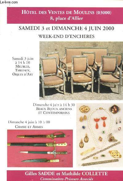 Catalogue de vente aux enchres : 3 et 4 juin 2000 : paire de girandoles, cartes d'alcove, chocolatire en argent, jouets anciens, aquarelles anglaises, consoles, commodes, salon d'apparat