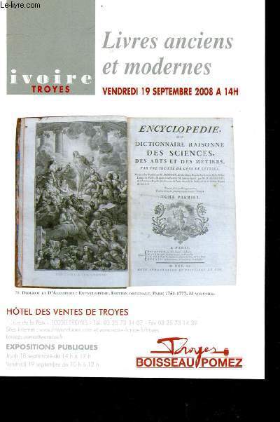 Catalogue de vente aux enchres :19 septembre 2008 - Htel des ventes de Troyes : livres anciens et modernes (Beaux-Arts, documentation, science, histoire, gographie, varia, colportage)