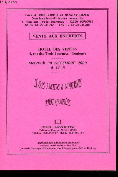 Catalogue de vente aux enchres : 20 dcembre 2000 - Htel des ventes de Toulouse : livres anciens et modernes ( affiches tauomchie, gastronomie, art equestre, cartes postales)