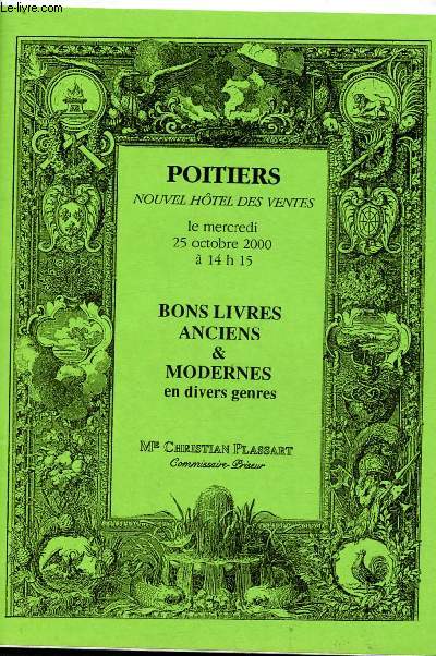 Catalogue de vente aux enchres : 25 octobre 2000 - Htel des ventes - Poitiers : livres anciens et modernes (Beaumarchais, Cervantes, Dumas, Plutarque, Ptain...)