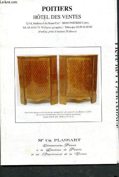 Catalogue de vente aux enchres : 20 et 21 juin 2001 - Htel des ventes - Poitiers : livres anciens et modernes ( meubles, tableaux et objets d'art, cramique