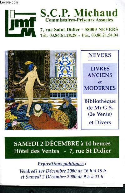 Catalogue de vente aux enchres : 1er et 2 dcembre 2000 - Htel des ventes - Nevers : livres anciens et modernes (histoire, voyages, gastronomie, montagne, nivernais berry, bourbonnais)