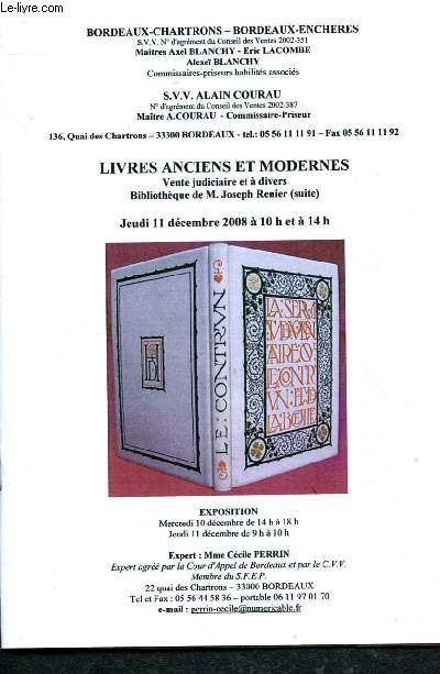 Catalogue de vente aux enchres : 11 dcembre 2008 - Htel des ventes de Bordeaux Chartrons : livres anciens et modernes (vente judiciare et  divers - Bibliothque de M. Joseph Renier (suite))