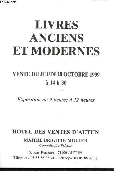 Catalogue de vente aux enchres : 28 Octobre 1999 - Htel des ventes d'Autun : livres anciens et modernes (histoire, histoire religieuse, chasse, rgionalisme ...)