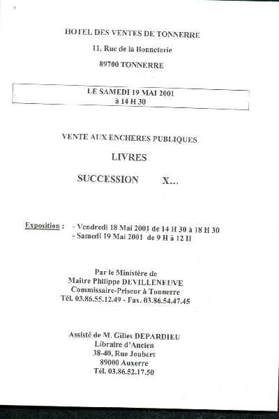 Catalogue de vente aux enchres : 19 mai 2001 - Htel des ventes de Tonnerre : livres, succession X ( de Boyer, Derome, Marquam, Galland, La Bruyere, de Laclos ...)
