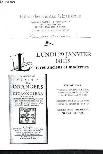 Catalogue de vente aux enchres : 29 janvier - Htel des ventes Giraudeau : livres anciens et modernes