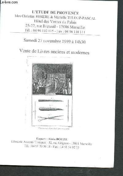 Catalogue de vente aux enchres : 27 novembre 1999 - Htel des ventes du Palais - marseille : livres anciens et modernes J. Giraudoux, Bernardin de St-Pierre - de Musset - T. Gautier ...)