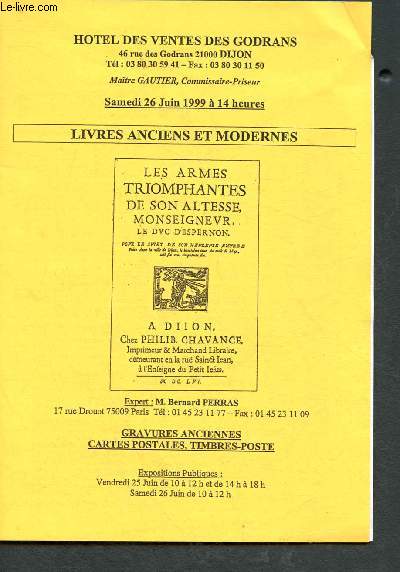 Catalogue de vente aux enchres : 26 Juin 1999 - Htel des ventes des Godrans : livres anciens et modernes, gravures anciennes, cartes postales, timbres-poste
