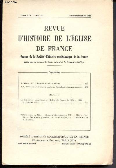 Revue d'histoire de l'Eglise de France n 153 - Tome LIV - Juillet-Dcembre 1968