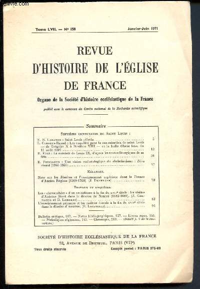 Revue d'histoire de l'Eglise de France n158 - Tome LVII - Janvier-Juin 1971
