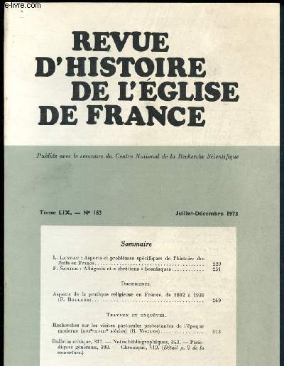 Revue d'histoire de l'Eglise de France n163 - Tome LIX - Juillet-Dcembre 1973