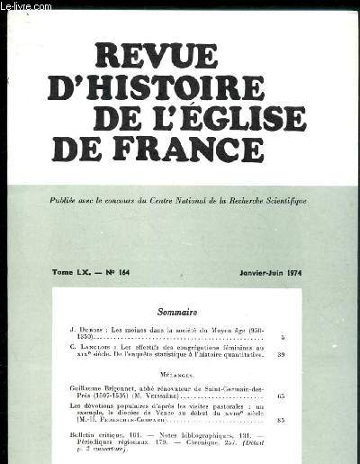 Revue d'histoire de l'Eglise de France n164 - Tome LX - Janvier-Juin 1974