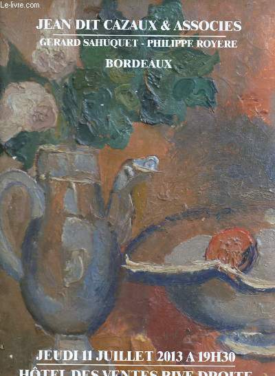 Catalogue de ventes aux enchres - 11 juillet 2013   - Htel des ventes rive droite - Bordeaux : tableaux anciens et modernes, meubles et objets d'art