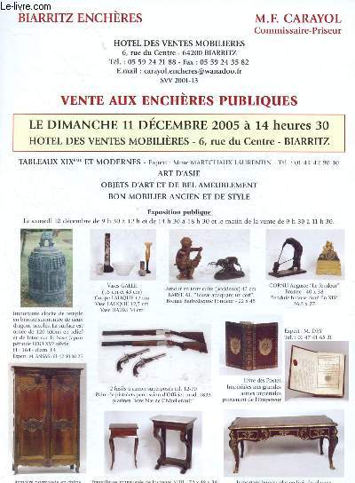 Catalogue de ventes aux enchres - 11 dcembre 2005 - Htel des ventes mobilires - Biarritz : tableaux XIXe et modernes, Art d'Asie, objets d'art et de bel ameublement, bon mobilier ancien et de style