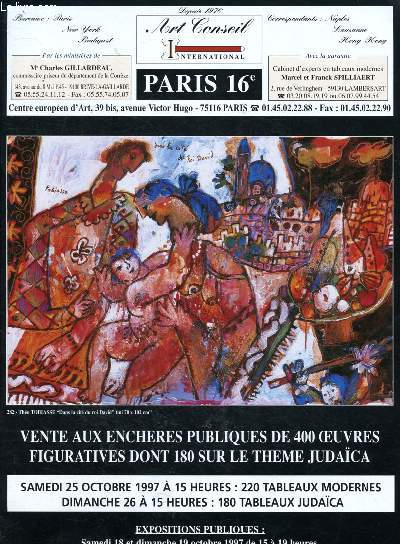 Catalogue de ventes aux enchres -25 et 26 octobre 1997 - Htel des ventes de Libourne - Saint-Emilion : 400 oeuvres figuratives dont 180 sur le thme judaca