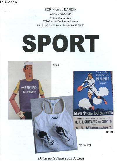 Catalogue de ventes aux enchres - 6 octobre 2007 - La Ferte sous jouarre : Sport : automobile, cyclisme, jeux olympiques, rugby, tennis