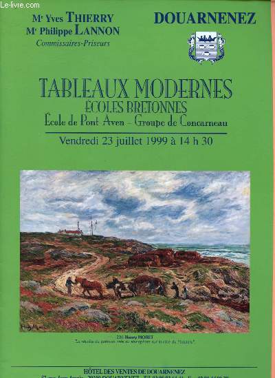 Catalogue de ventes aux enchres - 23 juillet 1999 - Htel des ventes de Douarnenez : tableaux modernes, ecoles bretonnes, Ecole de Pont-Aven - Groupe de Concarneau