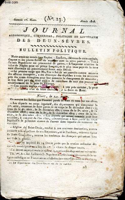 Journal agronomique, commercial, politique et littraire des Deux-Svres - n23 - 1er Mars 1806