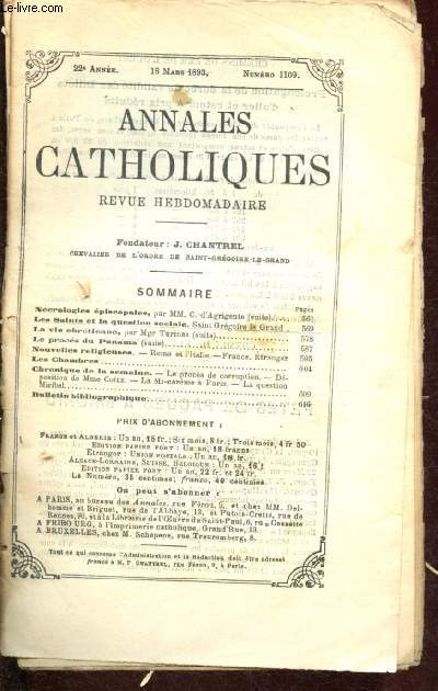 Annales catholiques - 22e anne - 18 mars 1893 - n1109 : Les Saints et la question sociale, la vie chrtienne